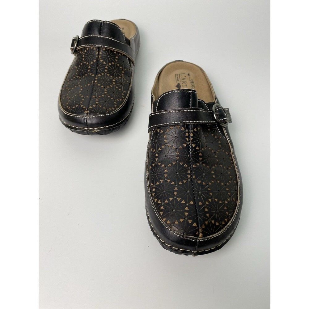 L’Artiste Slip On Black Leather Artsy Comfort Mules 39 (US 8.5)